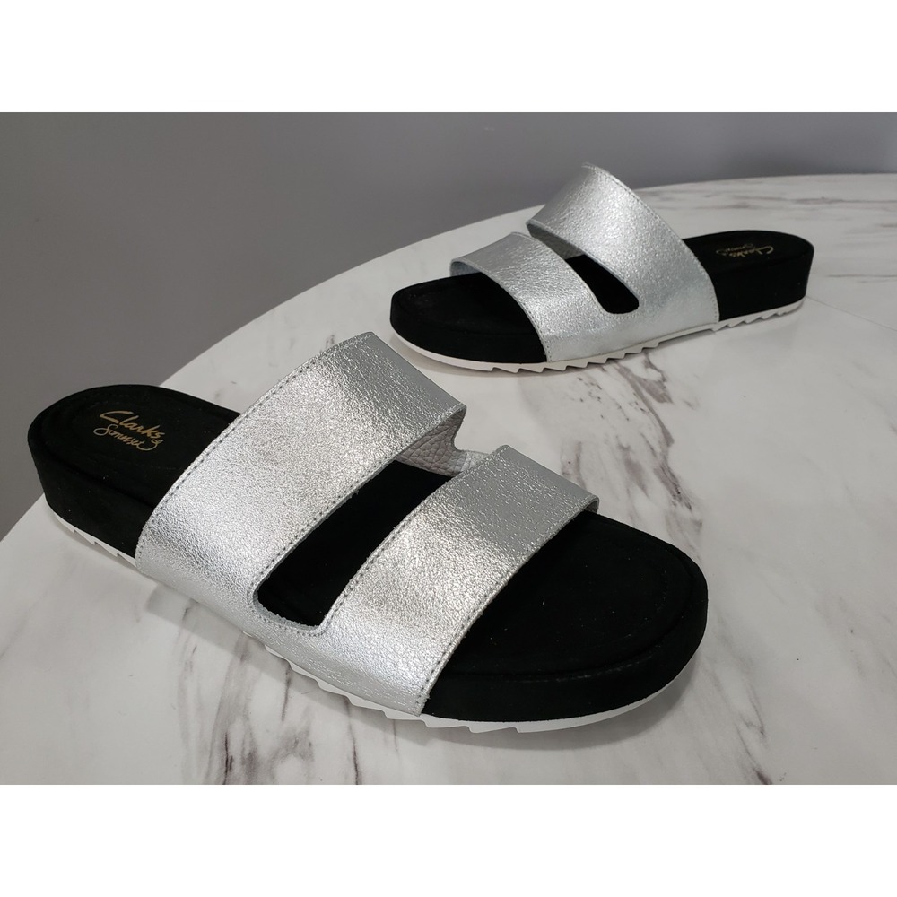 NEW NO BOX 9.5 Clark Somerset Zelby Zest Leather Slide Wedge Sandals SILVER